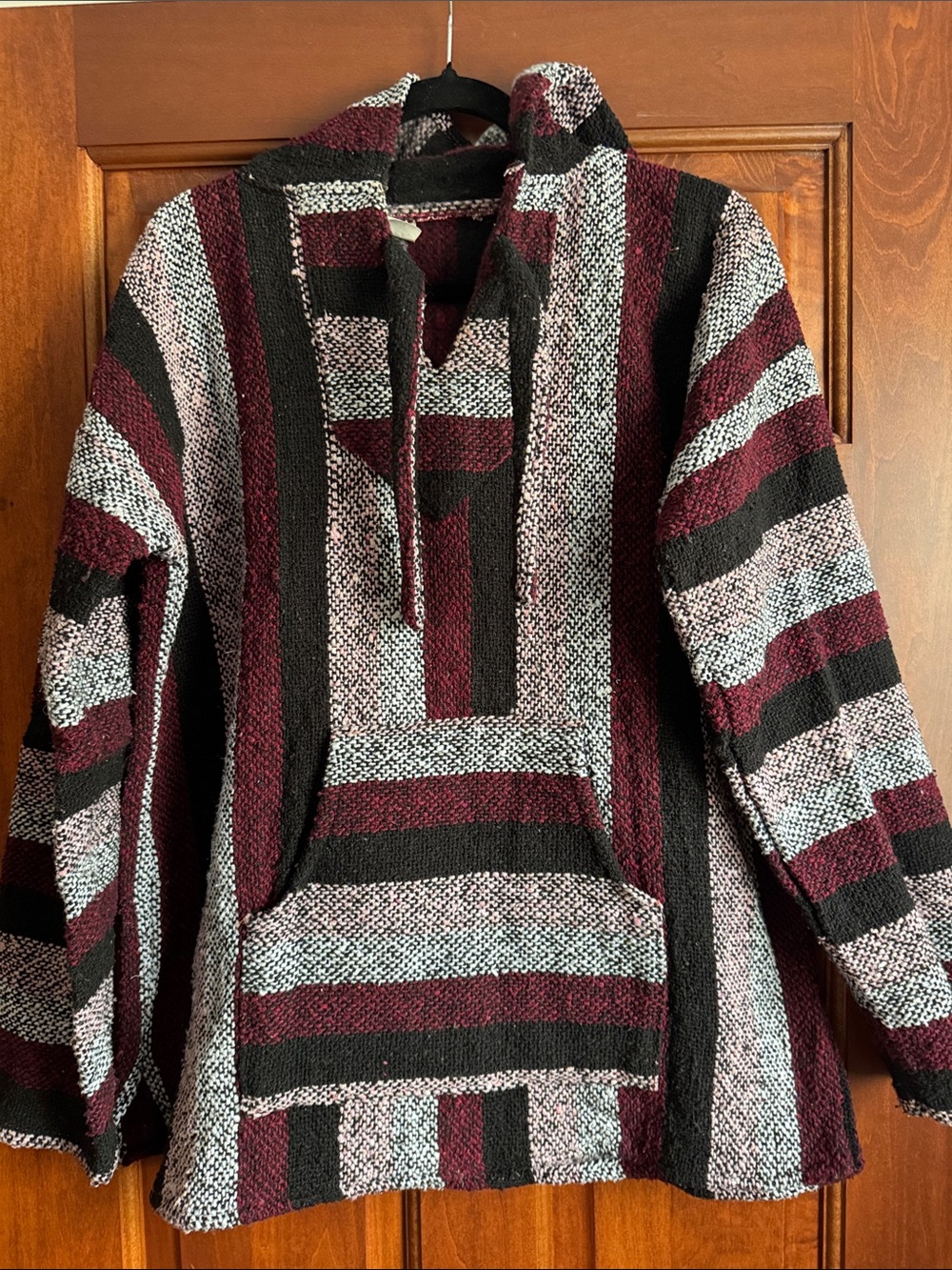 Unisex Striped Crewneck Baja Sweater - Maroon, Black & Cream